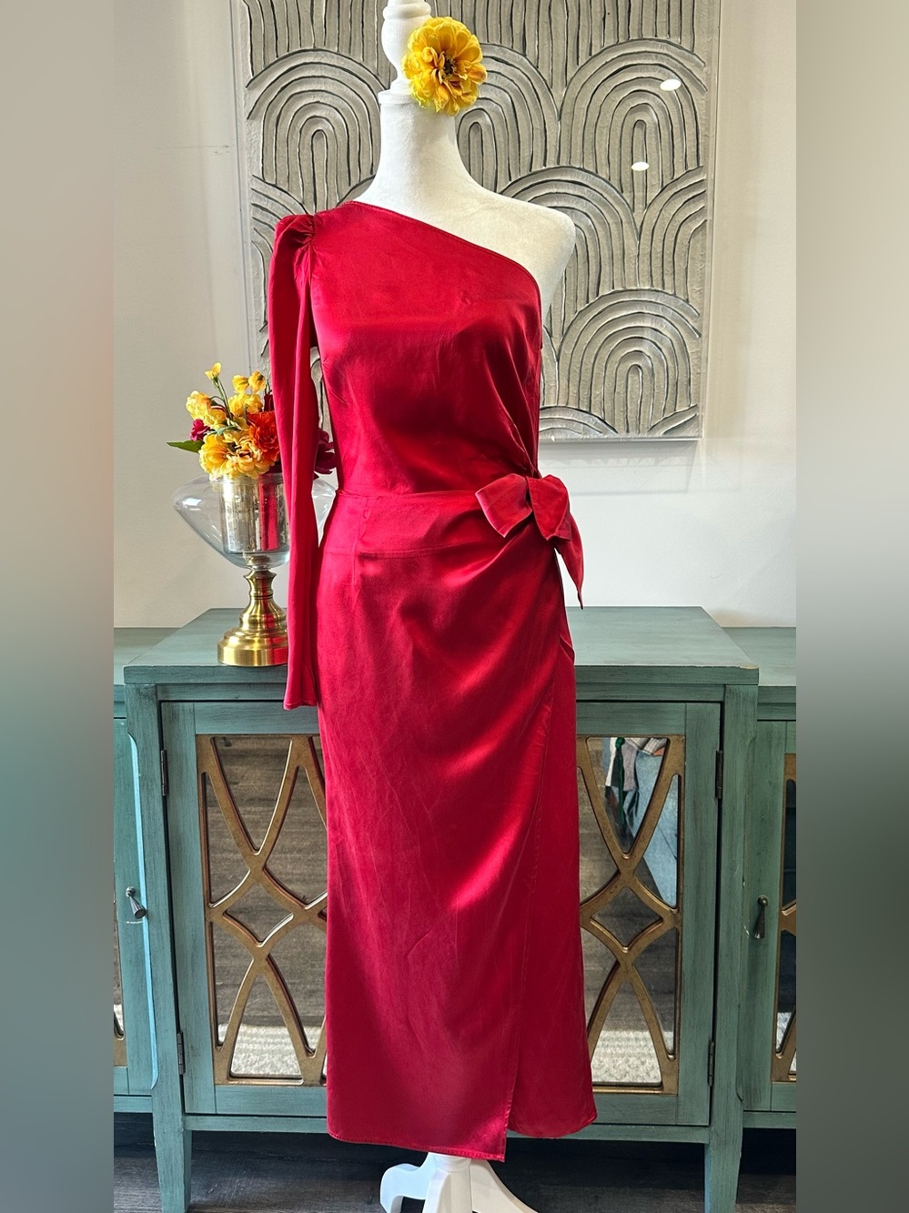 Reformation One-Shoulder Red Satin Midi Dress with Bow